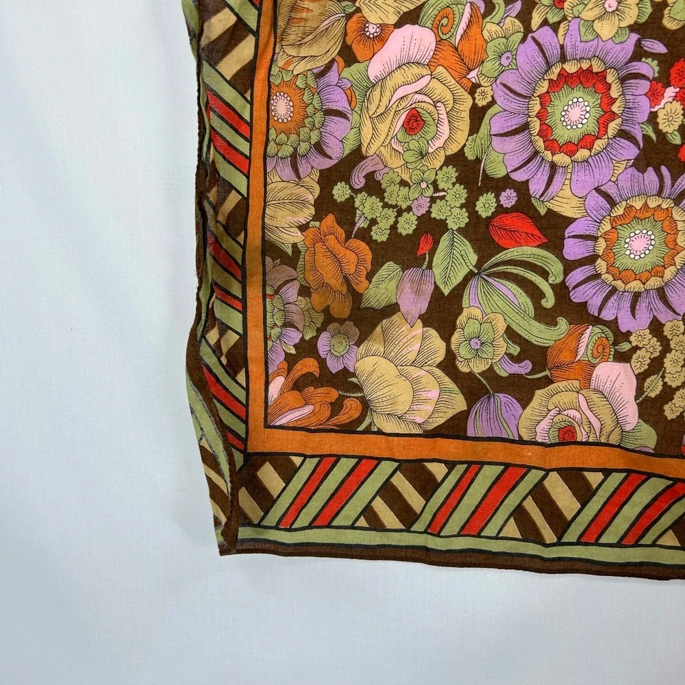 Vintage 70s Retro Floral & Striped Border Square Scarf Brown Boho Neck Kerchief